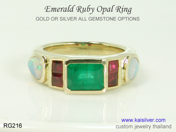 emerald gemstone ring with ruby and opal 